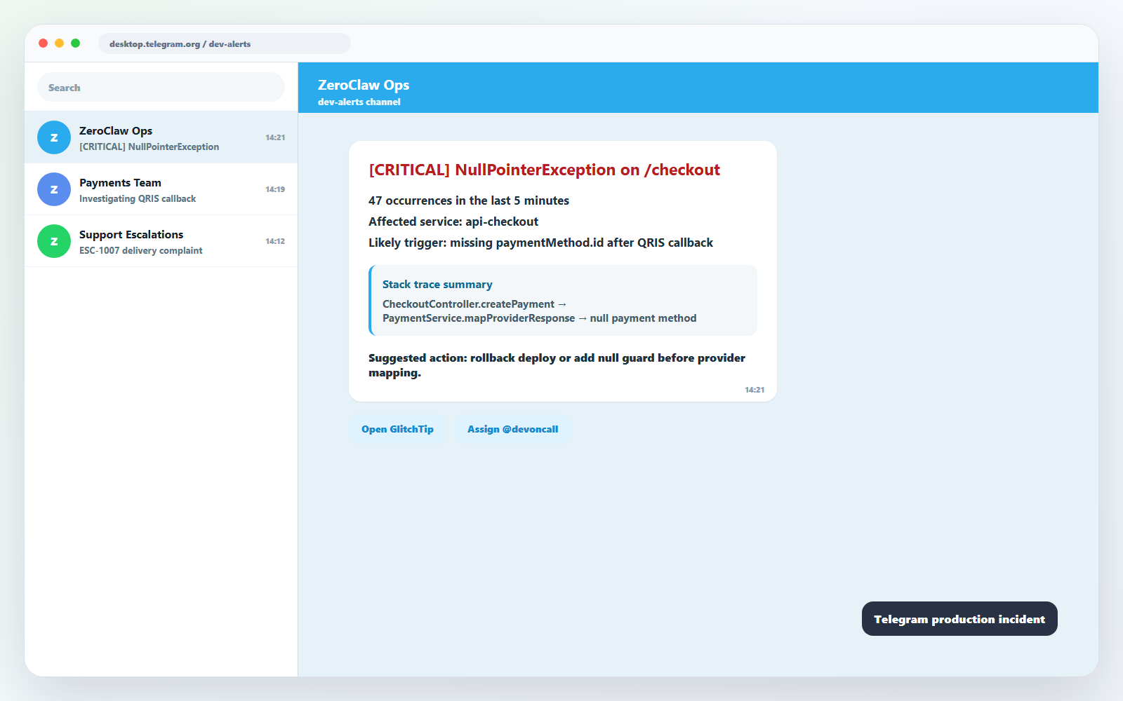 Telegram incident alert preview