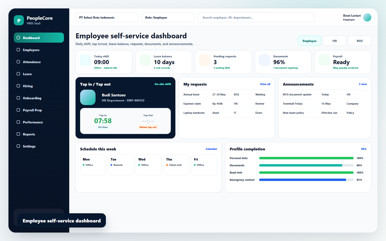 Employee self-service dashboard screenshot